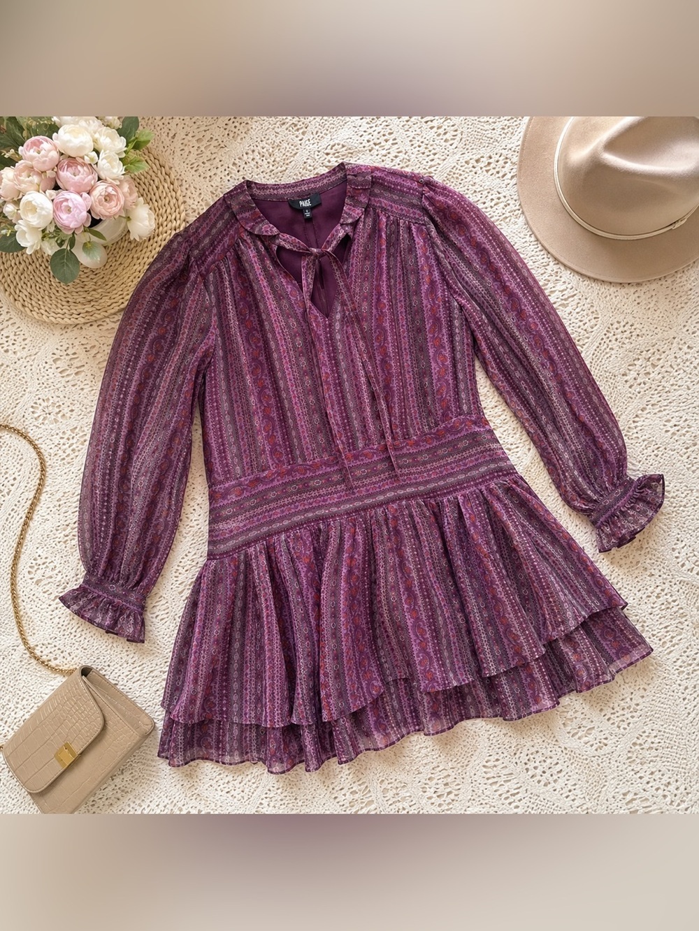 Nantes Silk Tiered Paisley Print Drop Waist Mauve Dress